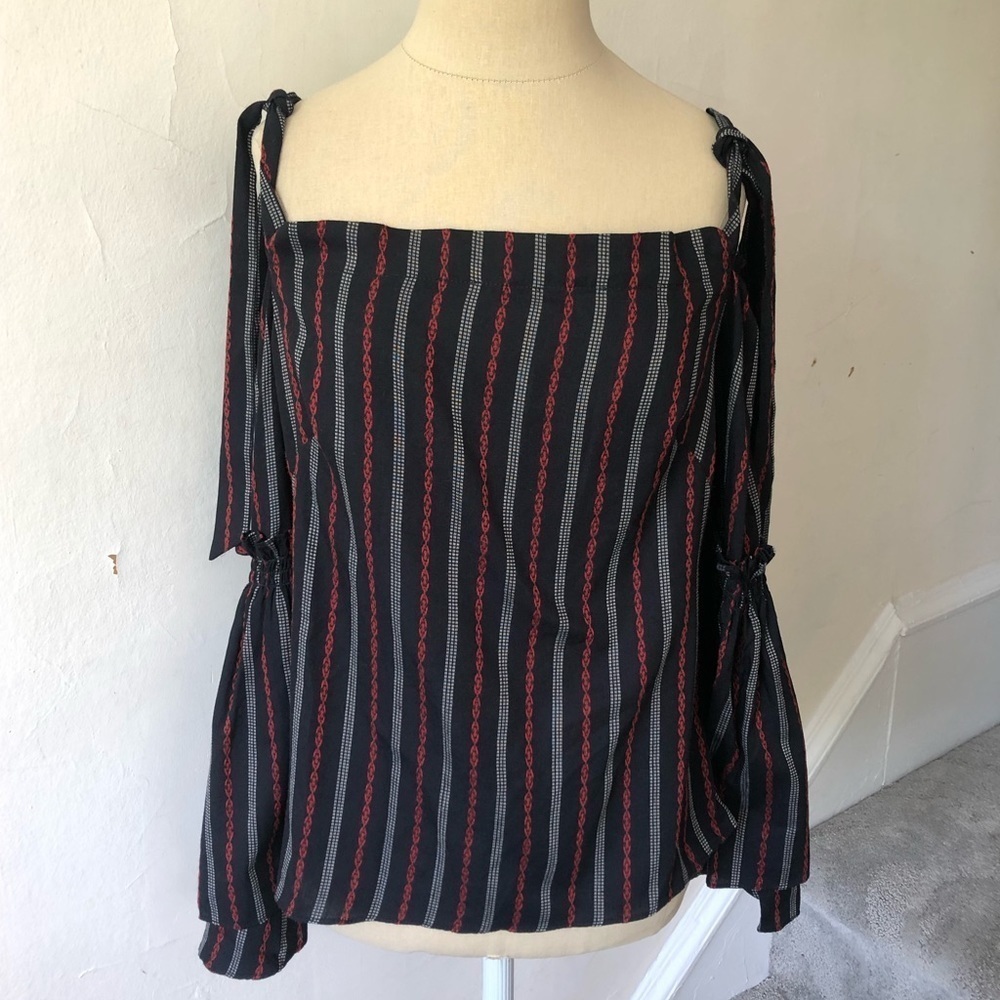 Intermix Striped Embroidered Off Shoulder Tie Top